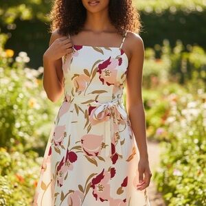 Banana Republic Cream Floral Midi Dress with Pink and Burgundy Accents